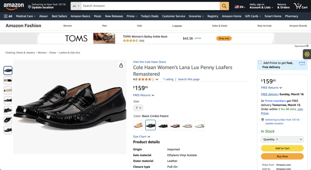TOMS ad on competitor PDP on Amazon's retail media network