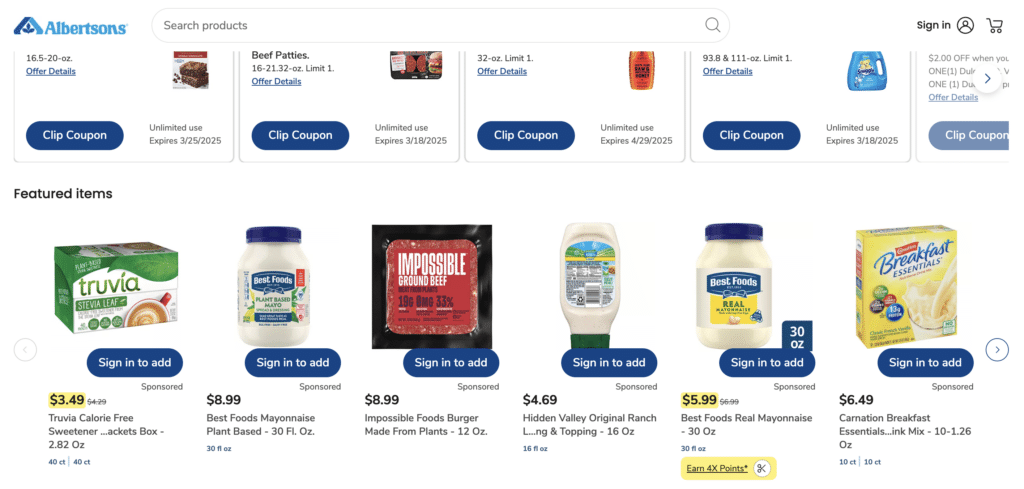 Albertson's retail media network ads Truvia Impossible Foods